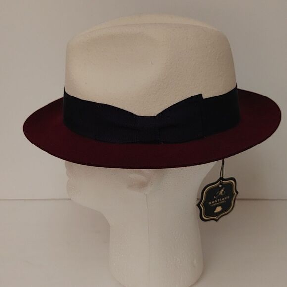 MEN'S MONTIQUE WHITE-BURGUNDY 2 1/4" WIDE BRIM 100% WOOL FELT FEDORA HAT. H82 - Picture 2 of 8